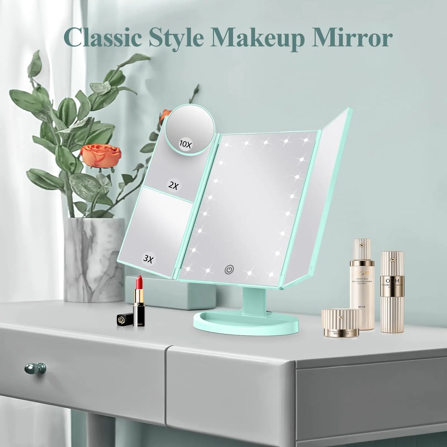 HUONUL Makeup Mirror Vanity with Lights, 2X 3X 10X Magnification, Lighted Mirror, Touch Control, Trifold Dual Power Supply, Portable LED Women Gift (Green) Green