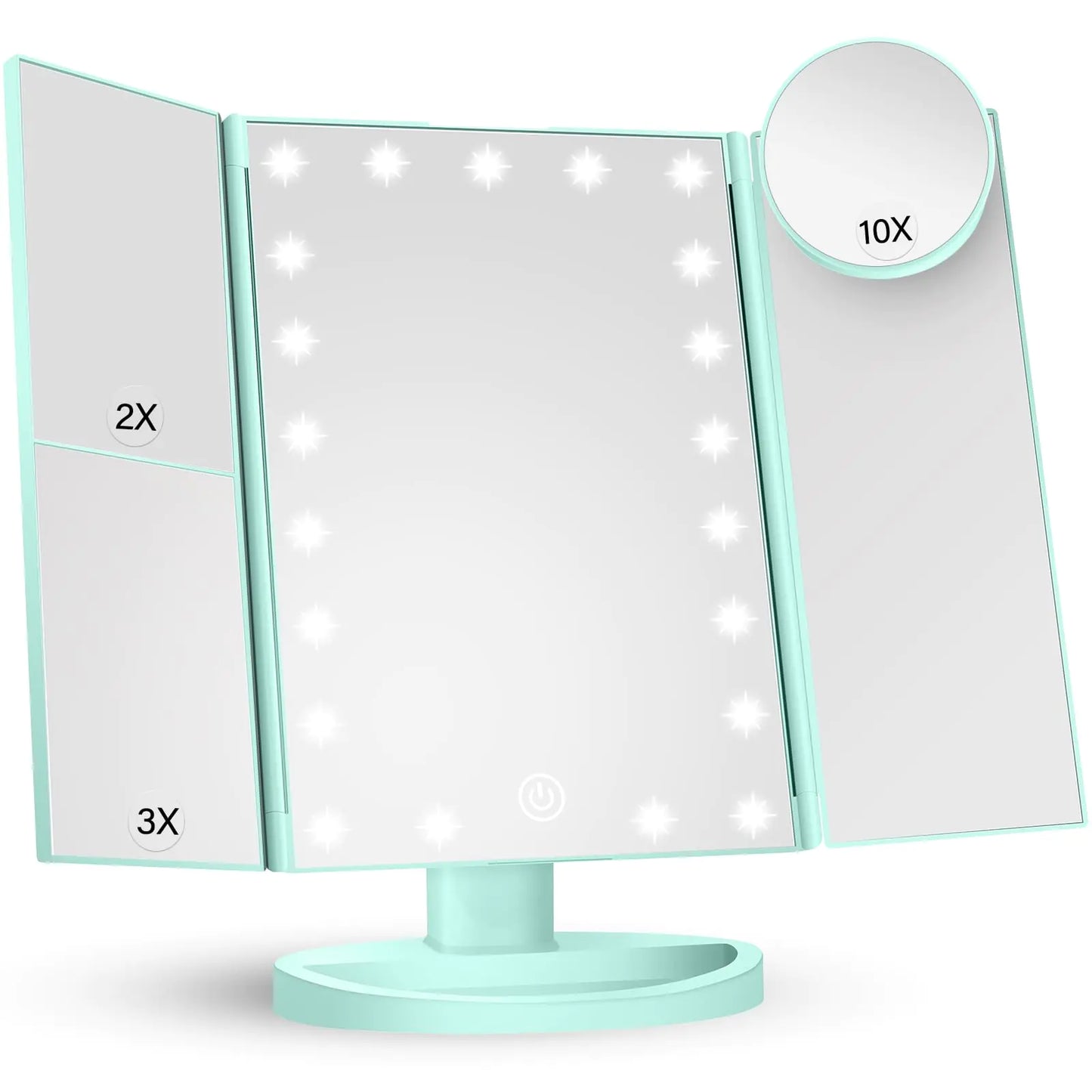 HUONUL Makeup Mirror Vanity with Lights, 2X 3X 10X Magnification, Lighted Mirror, Touch Control, Trifold Dual Power Supply, Portable LED Women Gift (Green) Green